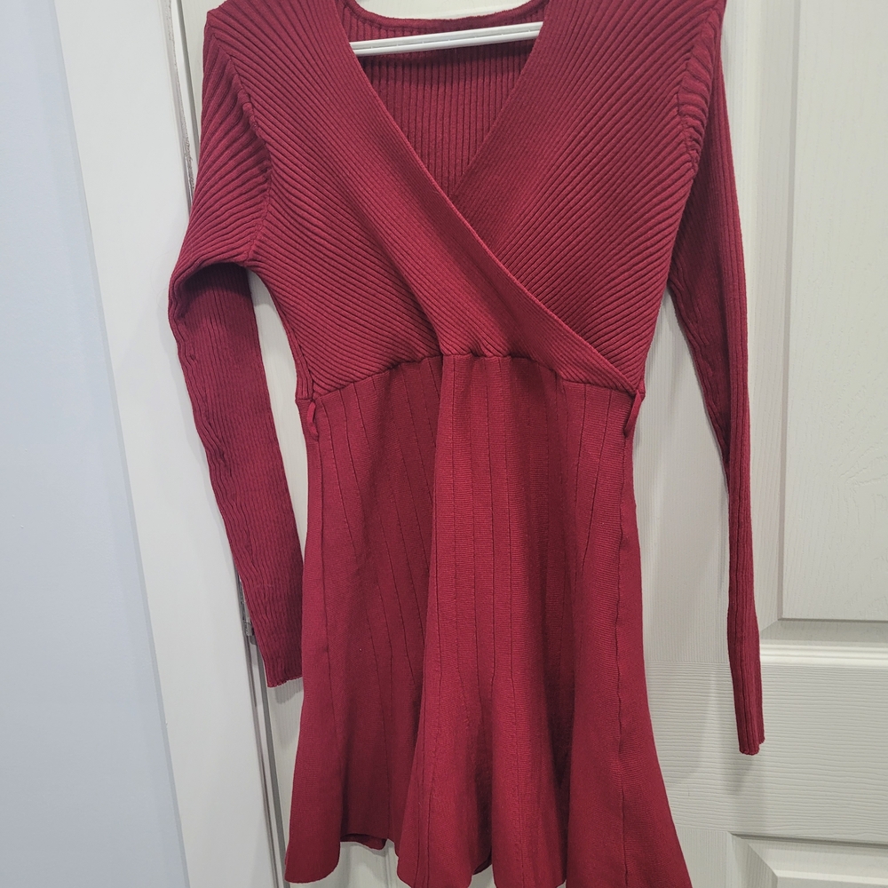 SHEIN Ribbed Wrap Long Sleeve Knit Dress - Burgundy